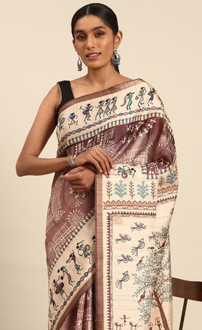 Attractive Brown Color Kalamkari Print Cotton Saree