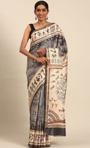 Grey Cotton Attractive Kalamkari Print Saree