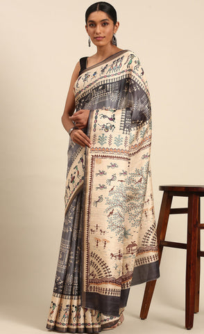 Grey Cotton Attractive Kalamkari Print Saree