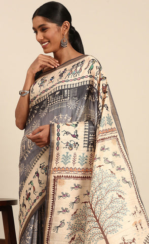 Grey Cotton Attractive Kalamkari Print Saree