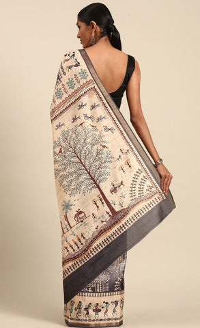 Grey Cotton Attractive Kalamkari Print Saree