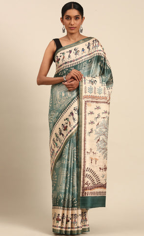 Attractive Teal Green Color Cotton Kalamkari Print Saree