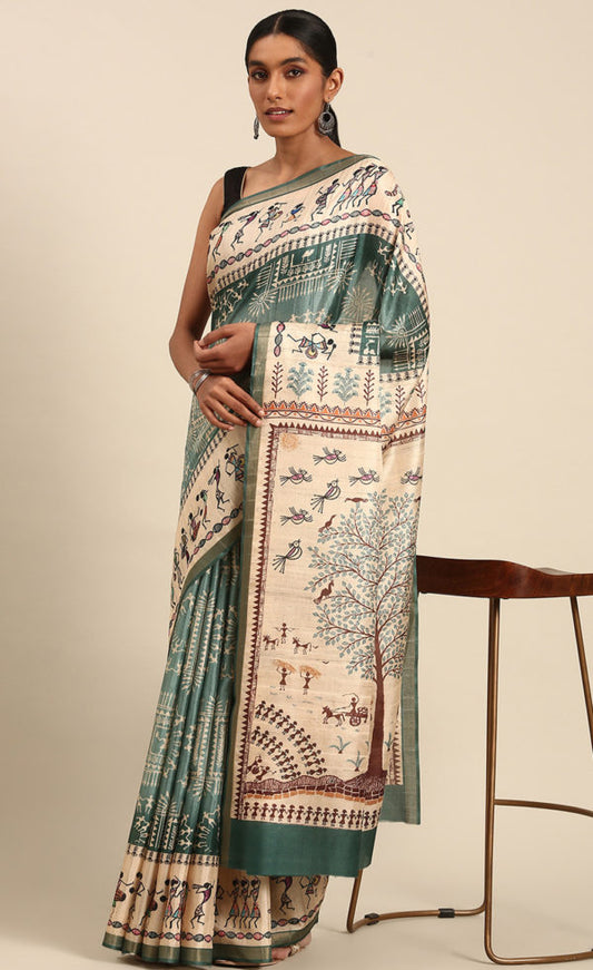 Attractive Teal Green Color Cotton Kalamkari Print Saree