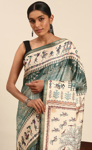 Attractive Teal Green Color Cotton Kalamkari Print Saree