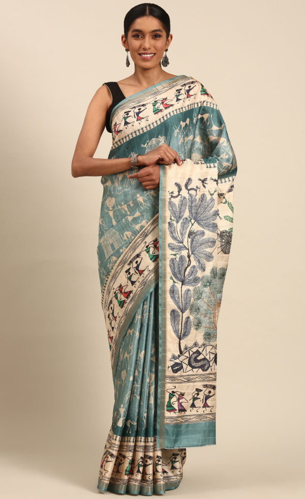 Sky Blue Color Kalamkari Print Cotton Saree