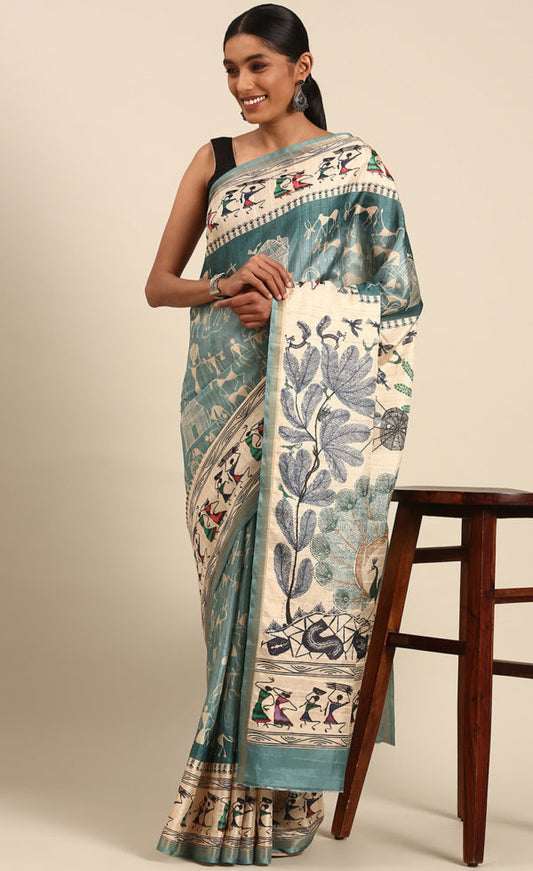 Sky Blue Color Kalamkari Print Cotton Saree