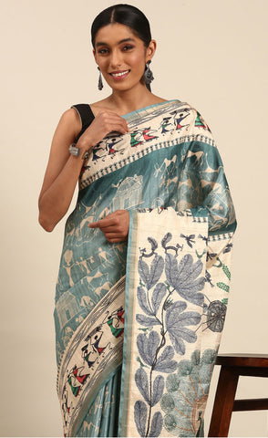 Sky Blue Color Kalamkari Print Cotton Saree