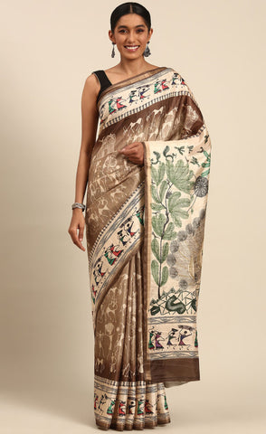 Brown Color Kalamkari Print Cotton Saree