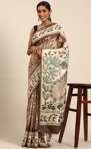 Brown Color Kalamkari Print Cotton Saree