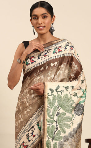 Brown Color Kalamkari Print Cotton Saree