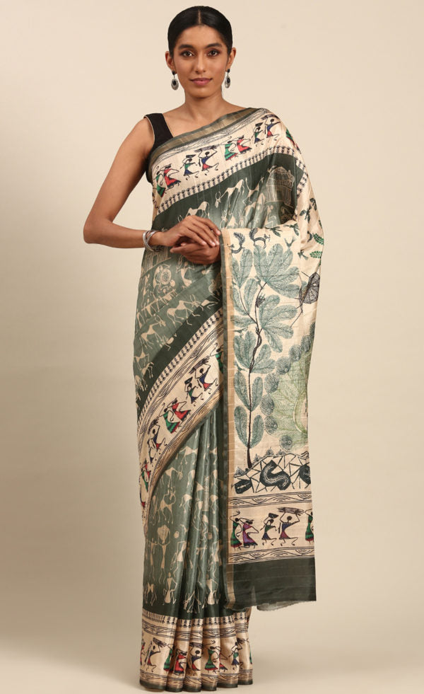 Green Color Kalamkari Print Cotton Saree