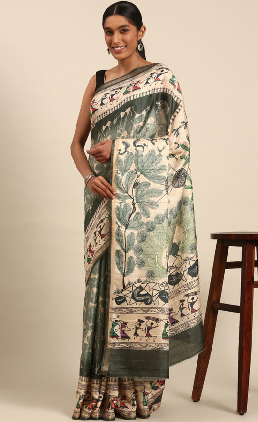 Green Color Kalamkari Print Cotton Saree