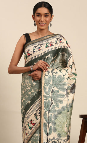 Green Color Kalamkari Print Cotton Saree