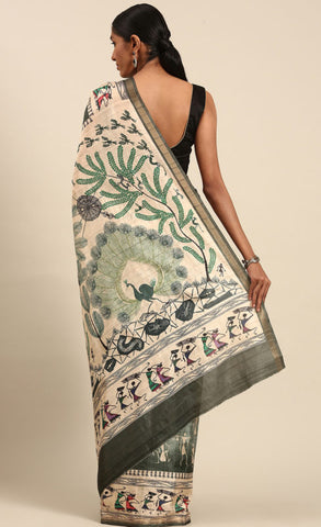 Green Color Kalamkari Print Cotton Saree