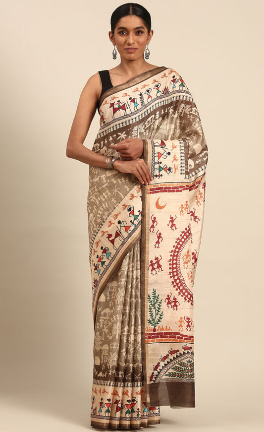 Light Brown Color Cotton Kalamkari Print Saree