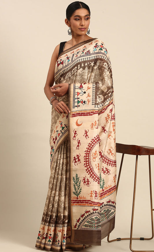 Light Brown Color Cotton Kalamkari Print Saree