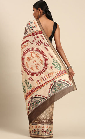 Light Brown Color Cotton Kalamkari Print Saree