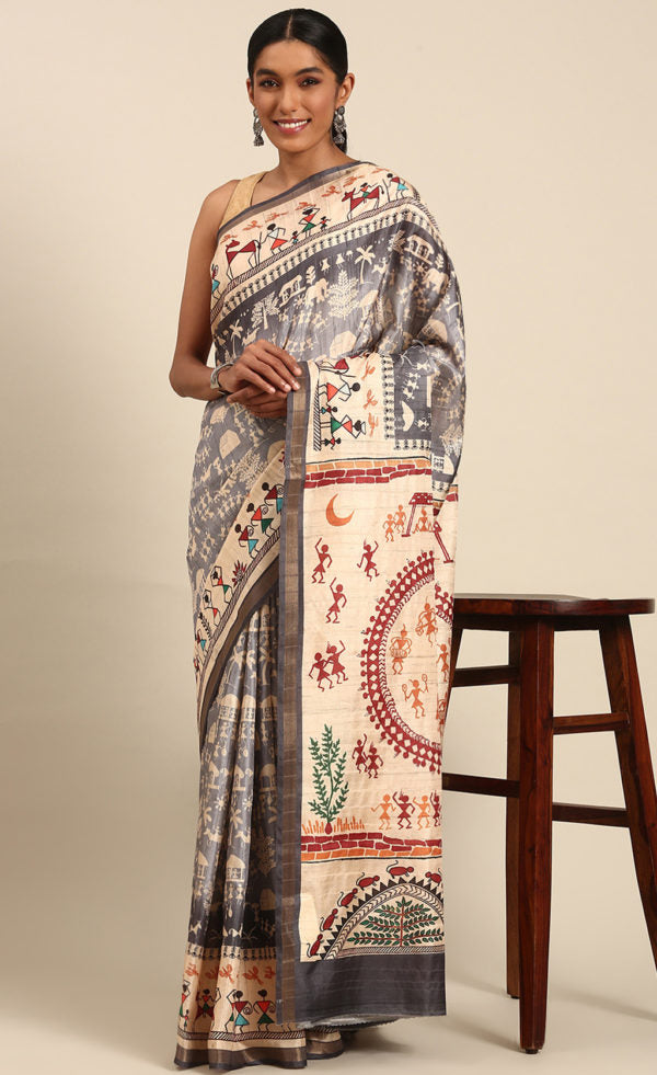 Light Blue Color Kalamkari Print Cotton Saree