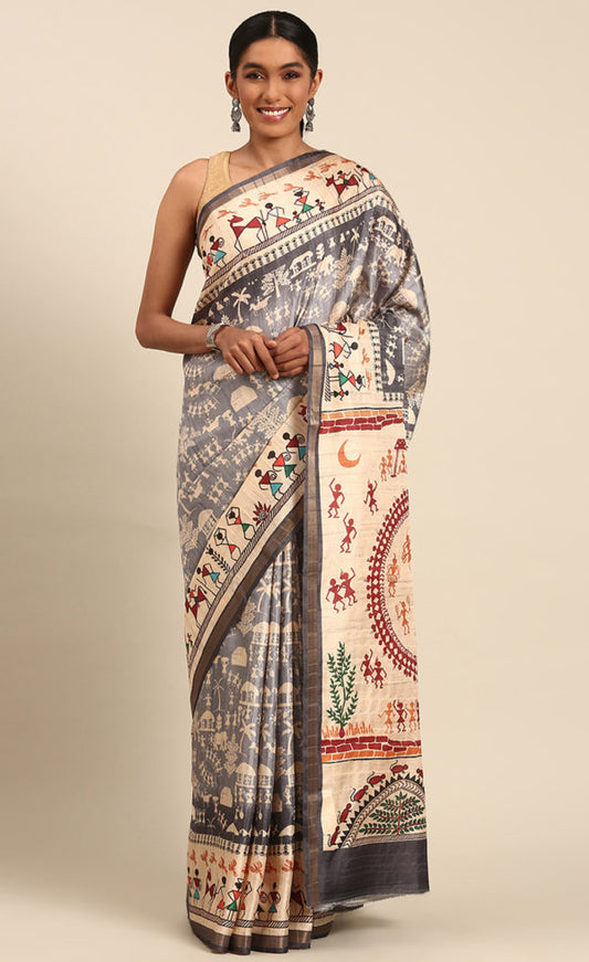 Light Blue Color Kalamkari Print Cotton Saree