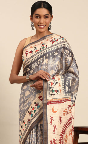 Light Blue Color Kalamkari Print Cotton Saree