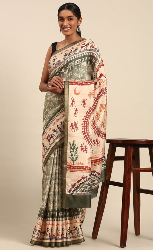 Light Green Color Kalamkari Print Cotton Saree