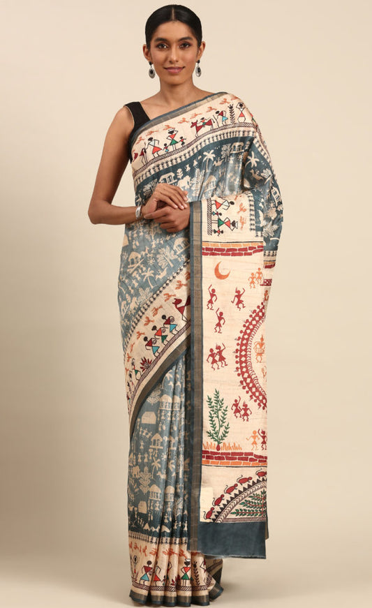 Blue Color Cotton Kalamkari Print Saree