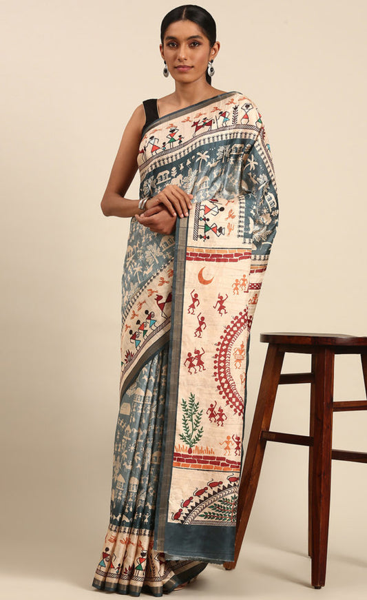 Blue Color Cotton Kalamkari Print Saree