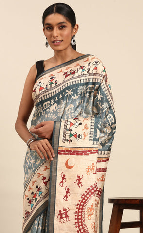 Blue Color Cotton Kalamkari Print Saree