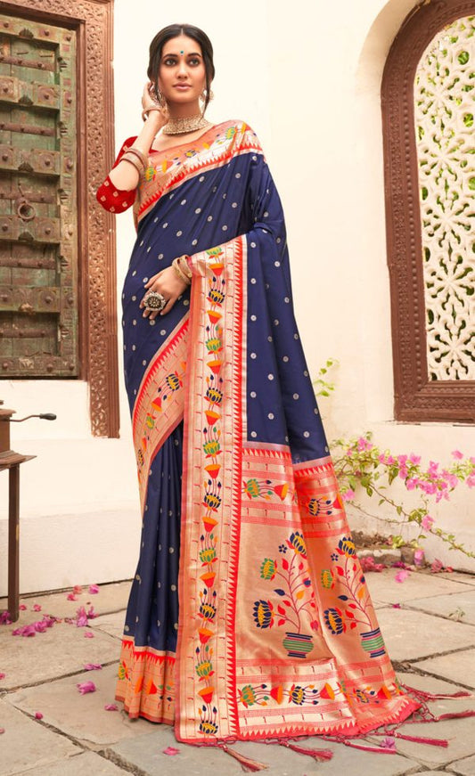 Traditional Navy Blue Color Paithani Silk Saree