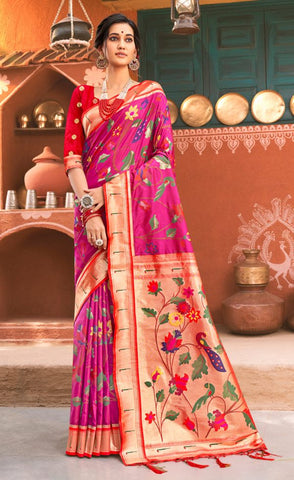 Alluring Pink Color Paithani Silk Saree