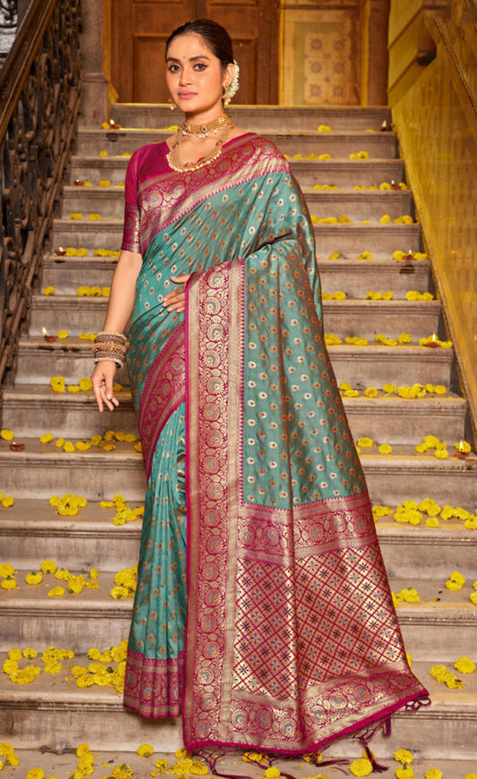 Classic Woven Sea Green Color Banarasi Silk Saree