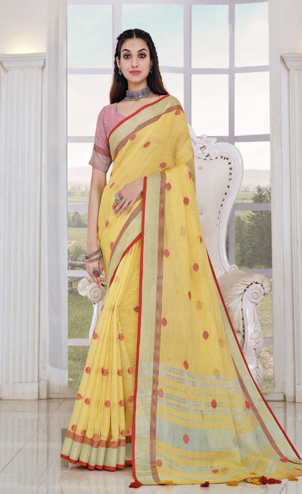 Exquisite Yellow Color Linen Saree