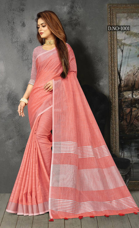 Uniform Peach Color Linen Saree