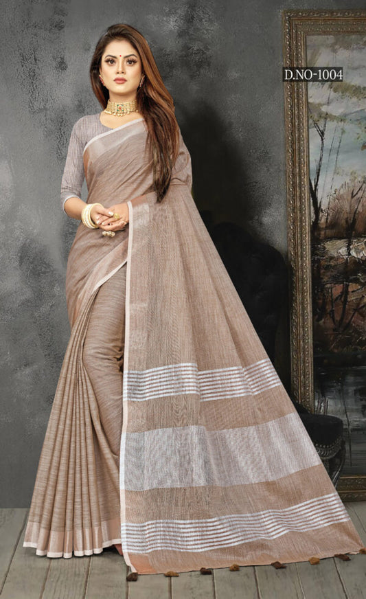 Uniform Brown Color Linen Saree