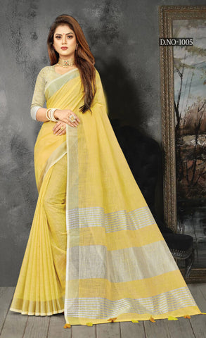 Uniform Yellow Color Linen Saree