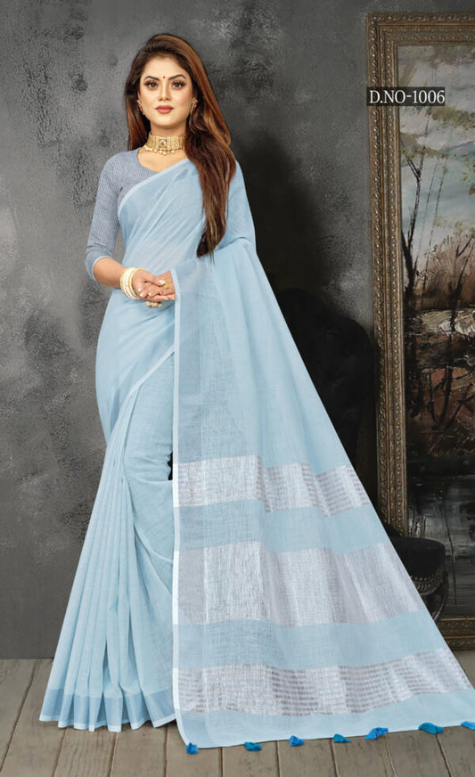 Uniform Sky Blue Color Linen Saree