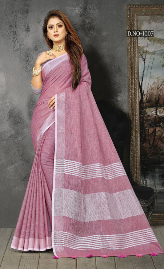 Uniform Purple Color Linen Saree