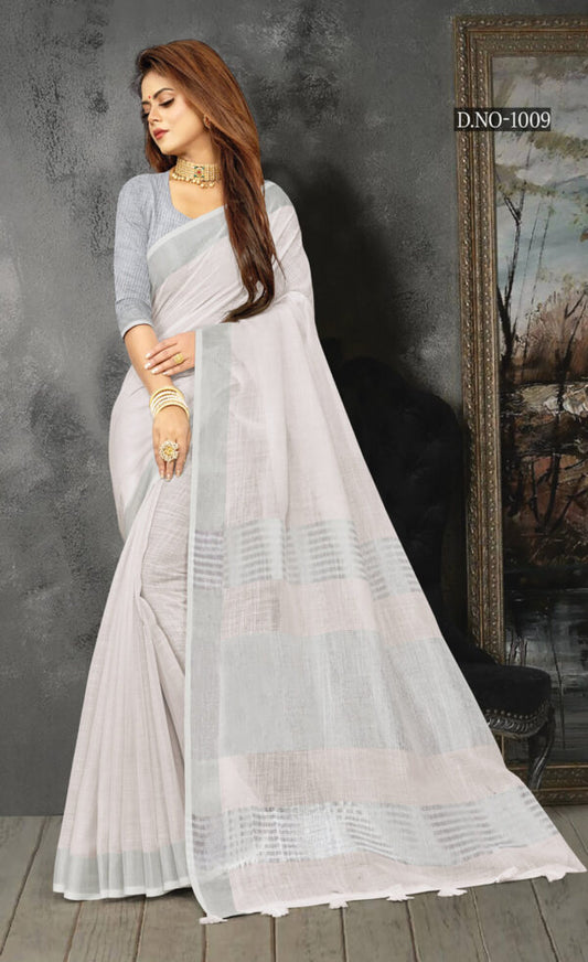 Uniform Off White Color Linen Saree