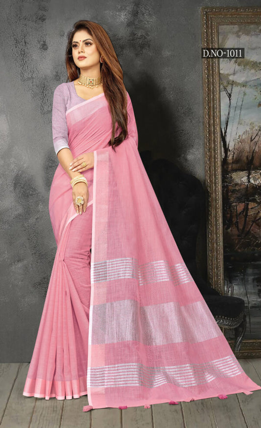 Uniform Light Pink Color Linen Saree