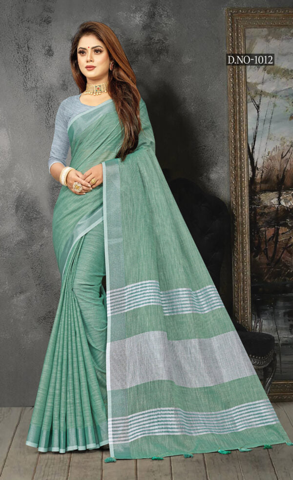 Uniform Sea Green Color Linen Saree