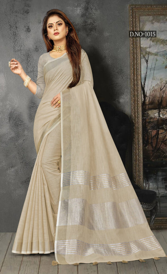 Uniform Beige Color Linen Saree