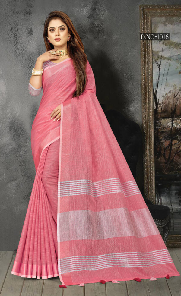 Uniform Pink Color Linen Saree