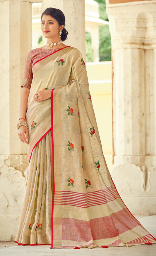 Dazzling Cream Color Linen Saree