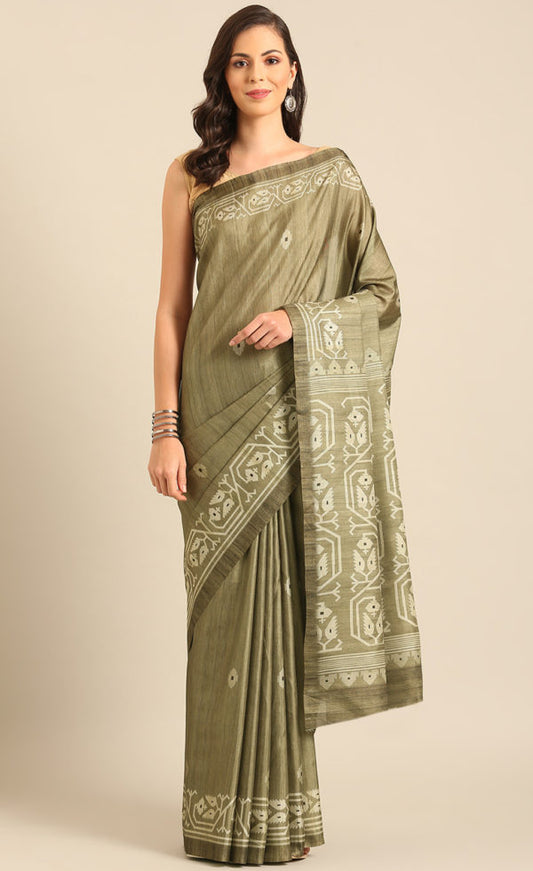 Excuisite Olive Green Color Cotton Printed Saree