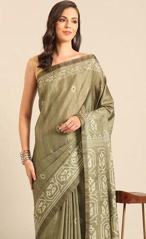 Excuisite Olive Green Color Cotton Printed Saree