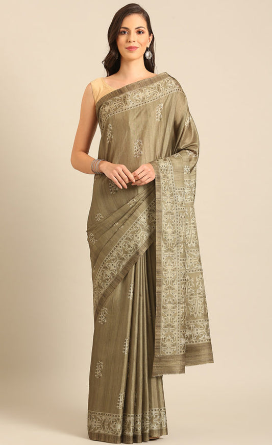 Excuisite Olive Green Color Printed Cotton Saree