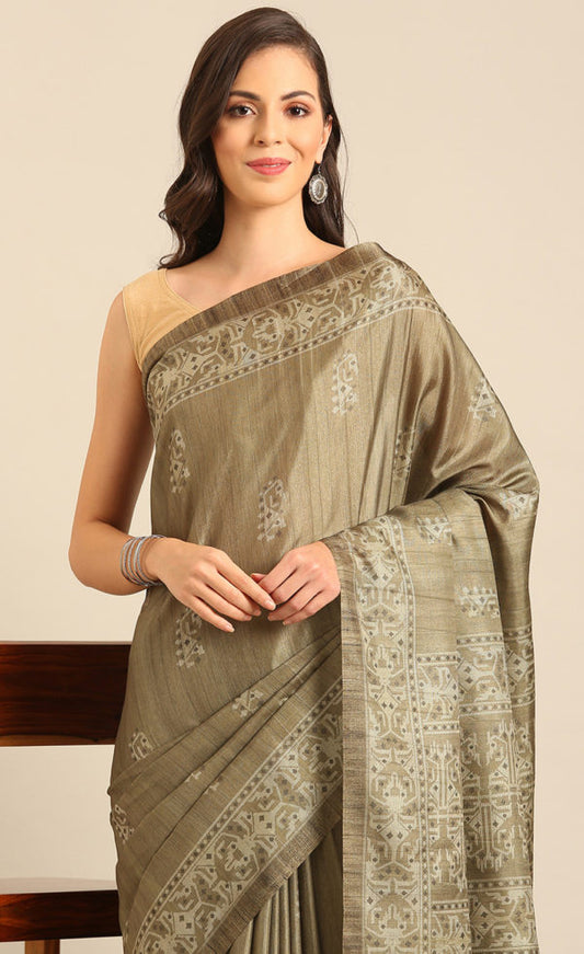 Excuisite Olive Green Color Printed Cotton Saree