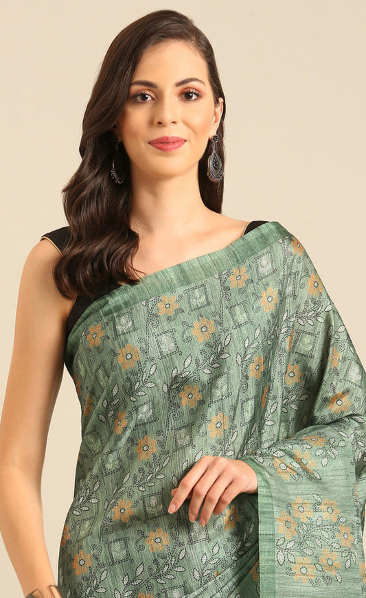 Amazing Digital Printed Green Color Cotton Saree