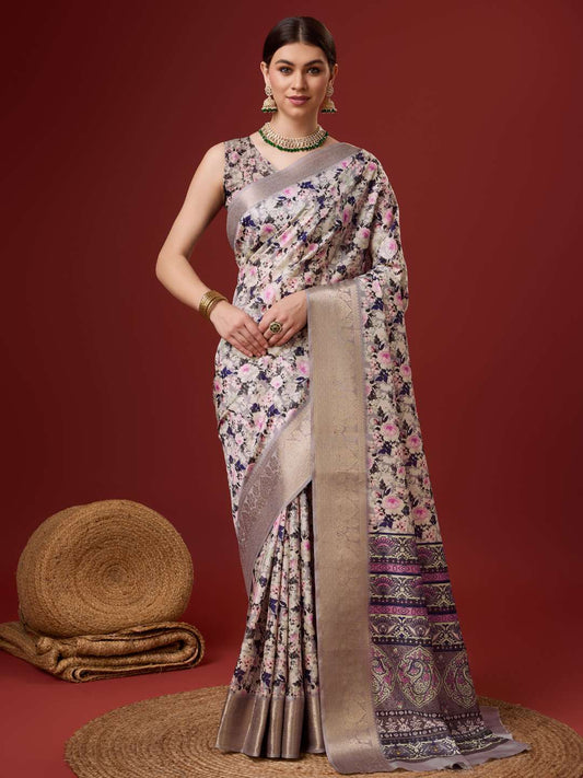 Floral-Printed Silk Saree