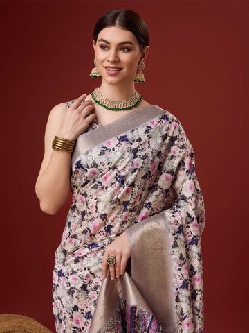 Floral-Printed Silk Saree